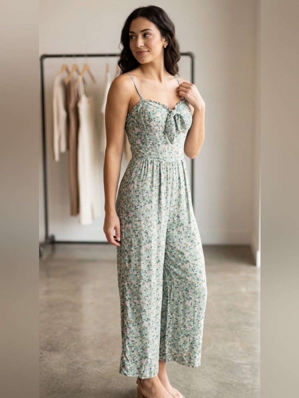 AS U WISH Floral Jumpsuit Sage Green Wide Leg Sweetheart Tie Front Small - Picture 3 of 9